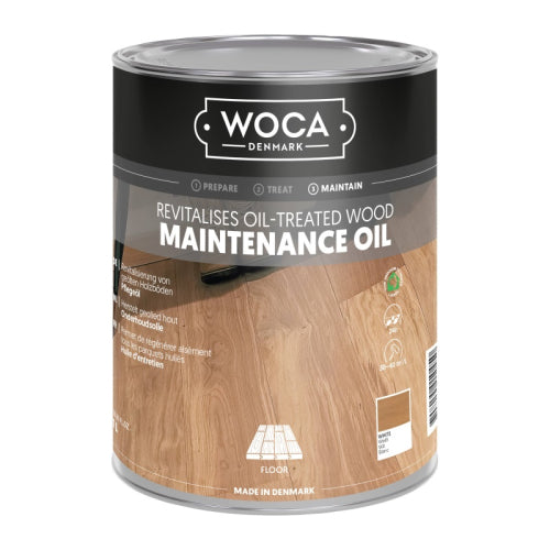 Fijne onderhoudsolie van Woca met wit pigment